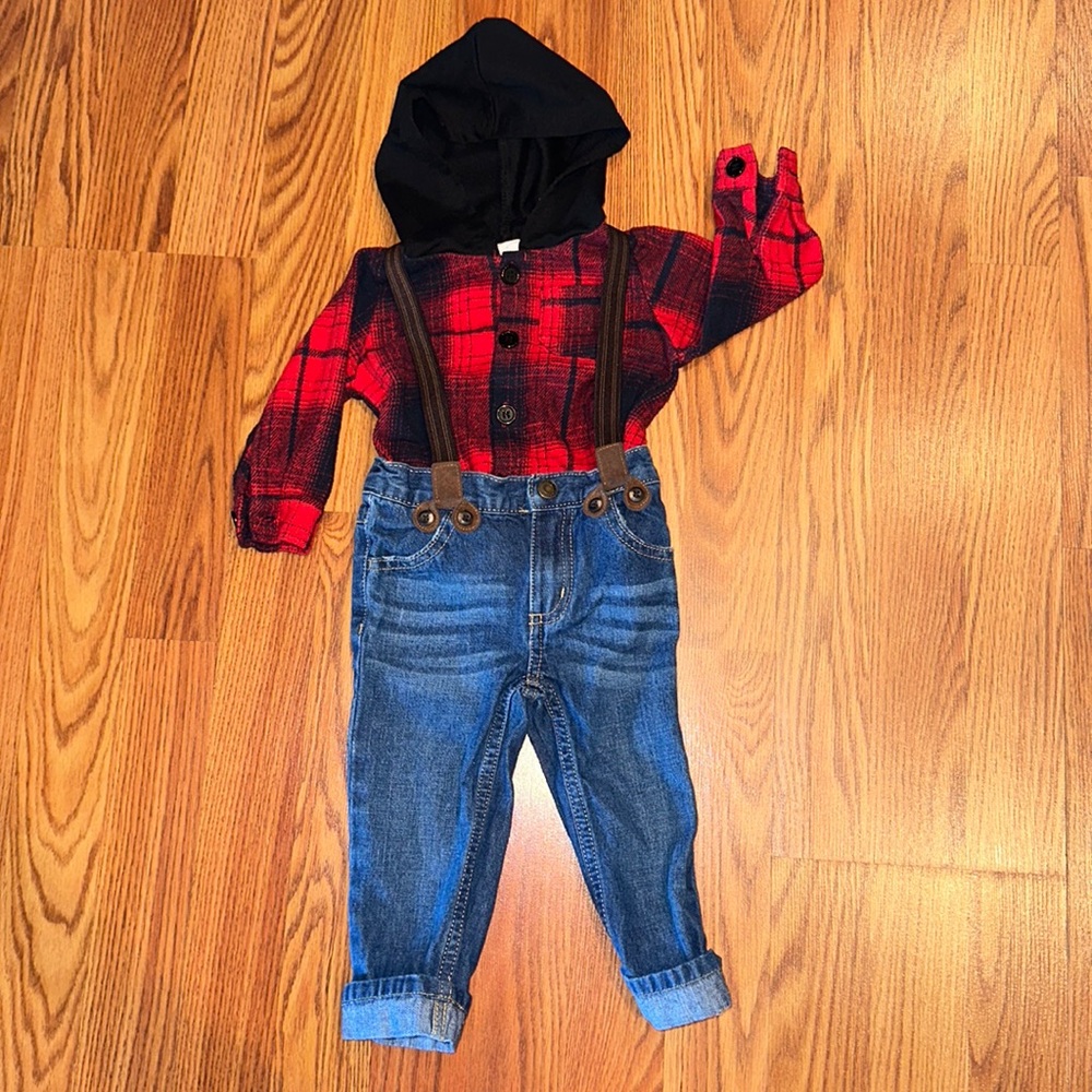12 Month Boys Suspenders Set w/ Red Flannel